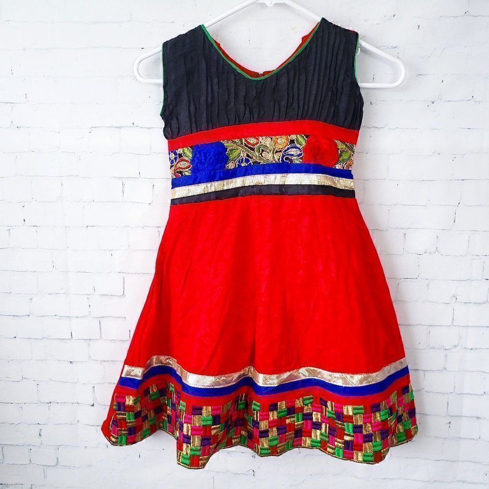 Varsha India Mart Girls Dress Size 26cm 5 / 6 Red Embroidered Lined